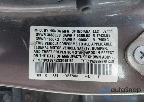 2012 Honda Civic Lx z USA, uszkodzony, nr VIN 19XFB2F52CE015162